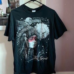 Black Native American T-shirt that says “wild spirit” on front and back.